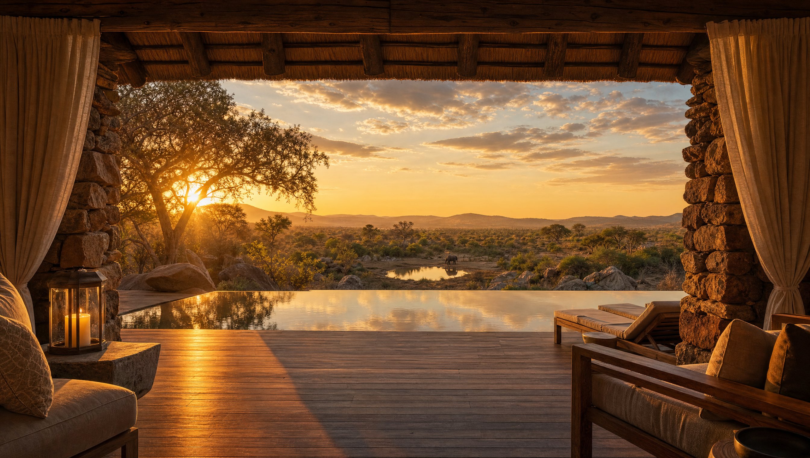 Sunset over the bushveld from the open lounge of a luxury safari lodge